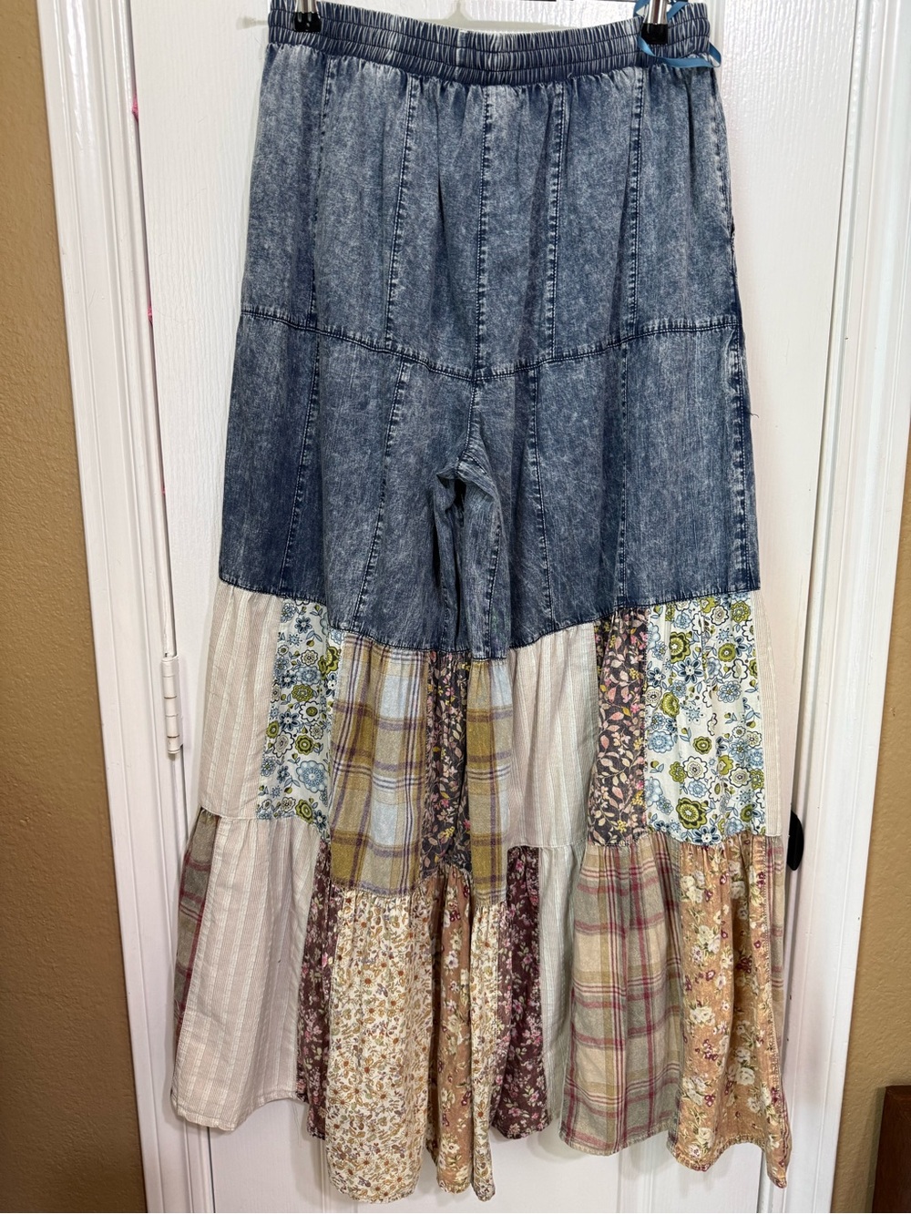 H034 NWT Blue Velvet L w14-20 Boho Patchwork Wide-Leg Denim Pants Blue Cream - Picture 7 of 12